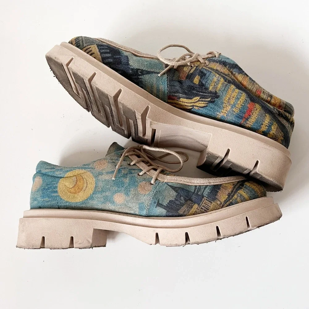 Vintage Chunky Avant Garde Artsy Tapestry Lace Up Platform Shoes Women's Size 39